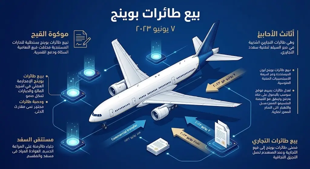 إنفوجرافيك يوضح تفاصيل وتاريخ صفقة بيع الخطوط السعودية لطائرات بوينج 777-200 لجهة خارجية في يونيو 2023.