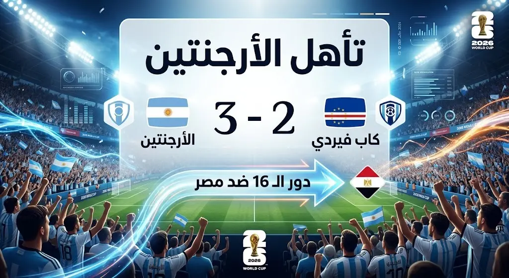 إنفوجرافيك يوضح تفاصيل فوز الأرجنتين على كاب فيردي بنتيجة 3-2 وتأهلها لدور الـ16 لمواجهة مصر في كأس العالم 2026.