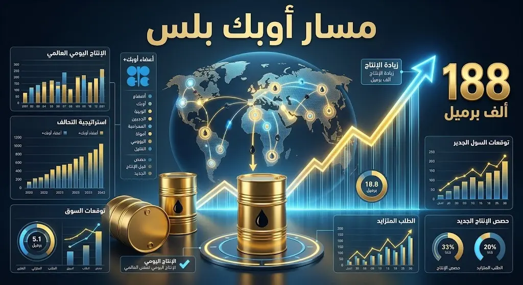 إنفوجرافيك يوضح مسار أوبك بلس لزيادة الإنتاج بمقدار 188 ألف برميل يومياً وتحركات أسواق النفط