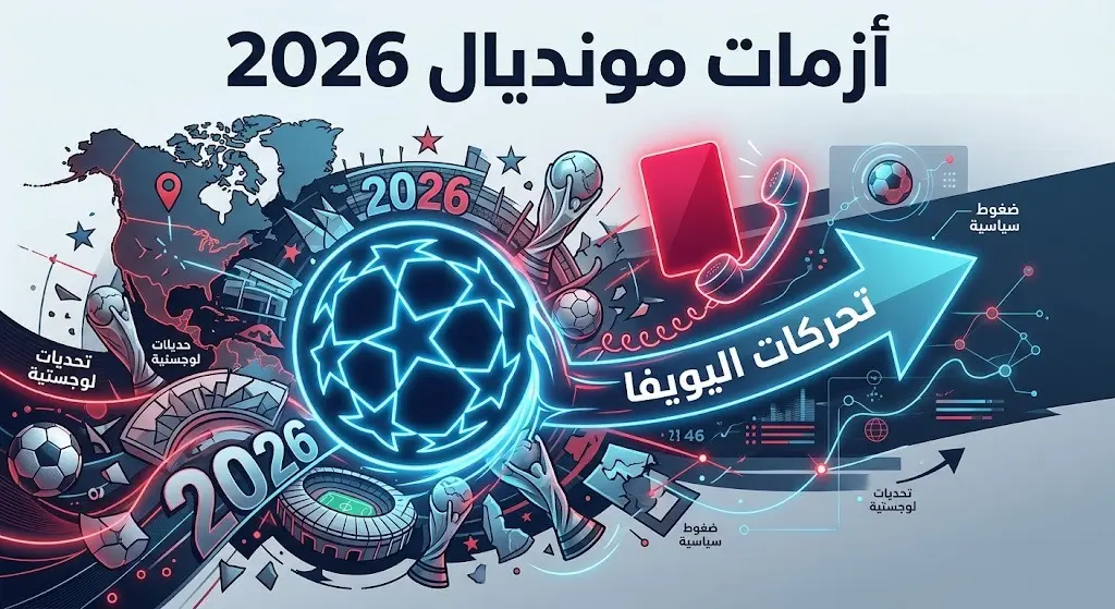 صورة تعبيرية توضح تدخلات اليويفا وأزمات التحكيم في كأس العالم 2026 مع بطاقة حمراء وهاتف.