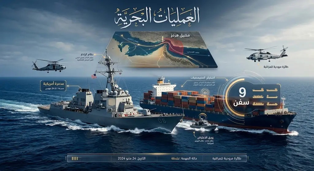 تصميم مرئي وإنفوجرافيك يوضح اعتراض البحرية الأمريكية لـ 9 سفن تجارية في خليج عمان ومضيق هرمز