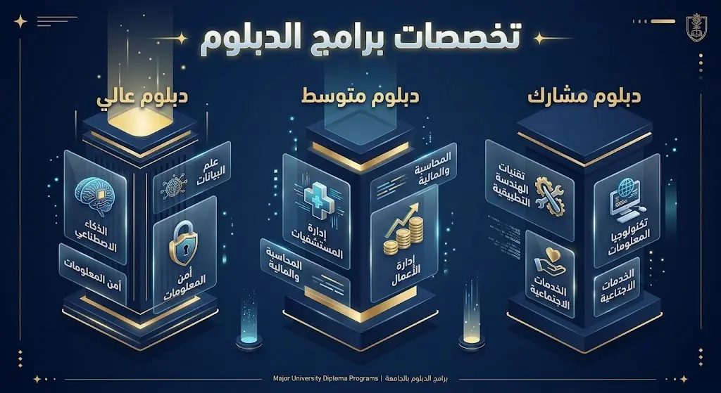 إنفوجرافيك يوضح تخصصات الدبلوم المتاحة بجامعة جازان مقسمة إلى ثلاثة مستويات: دبلوم عالي، متوسط، ومشارك مع أبرز التخصصات.