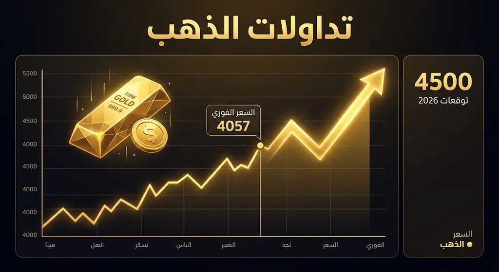 إنفوجرافيك مالي يوضح تفاصيل تداولات الذهب، السعر الفوري، وتوقعات الأسعار لعام 2026