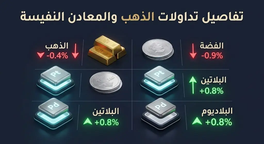 إنفوجرافيك مالي يوضح تباين أداء المعادن النفيسة، حيث يظهر تراجع أسعار الذهب والفضة مقابل ارتفاع البلاتين والبلاديوم.