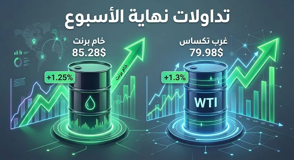 إنفوجرافيك يوضح الارتفاع في أسعار خام برنت وخام غرب تكساس خلال تداولات نهاية الأسبوع مع الأرقام والنسب المئوية.
