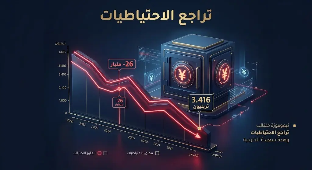 إنفوجرافيك مالي يوضح تراجع احتياطيات النقد الأجنبي الصينية بقيمة 26 مليار دولار لتصل إلى 3.4163 تريليون دولار بنهاية يونيو.