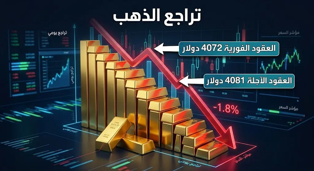 تصميم إنفوجرافيك يوضح تراجع أسعار العقود الفورية والآجلة للذهب مع إبراز الأرقام وتوجه المؤشرات نحو الأسفل.