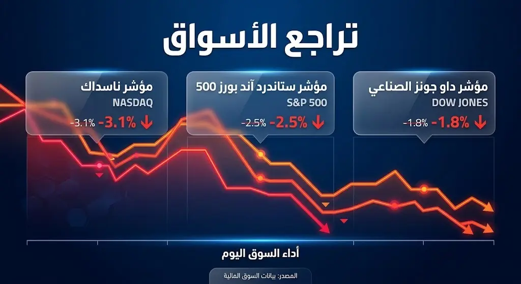 رسم تعبيري يوضح تراجع المؤشرات الأمريكية في بورصة وول ستريت بأسهم حمراء ومؤشرات تتجه للأسفل