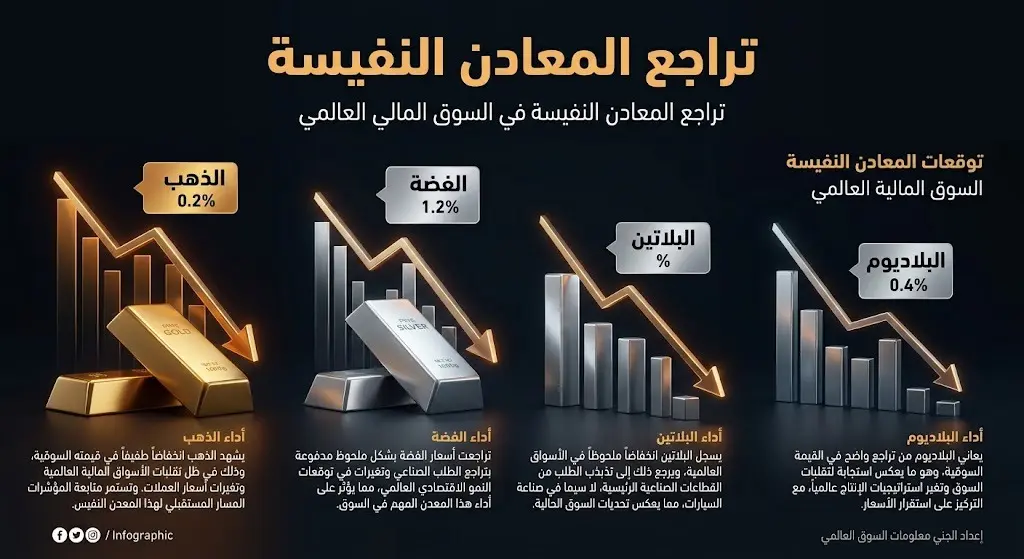 إنفوجرافيك مالي يستعرض نسب تراجع المعادن النفيسة في المعاملات الفورية، حيث تتصدر الفضة والبلاتين قائمة الانخفاضات.