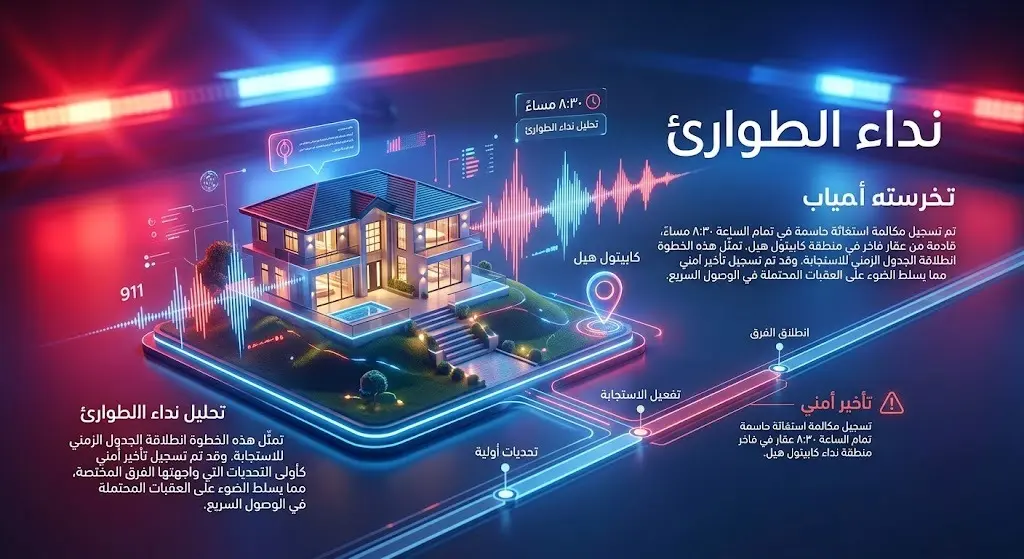 تصميم إنفوجرافيك يوضح التسلسل الزمني لبلاغ الطوارئ من منزل السيناتور، مع رموز تعبيرية للمنزل والتسجيل الصوتي.