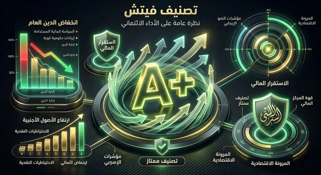 تصميم إنفوجرافيك احترافي يعرض تصنيف فيتش A+ للمملكة العربية السعودية، مع مؤشرات بيانية توضح قوة المركز المالي وانخفاض الدين العام.