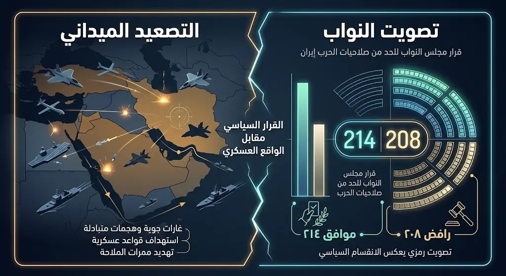 تصميم إنفوجرافيك يوضح تفاصيل تصويت مجلس النواب الأمريكي بـ 214 صوتاً موافقاً مقابل 208 أصوات رافضة، مع تمثيل بصري للتصعيد العسكري والميداني المتزامن في الشرق الأوسط.