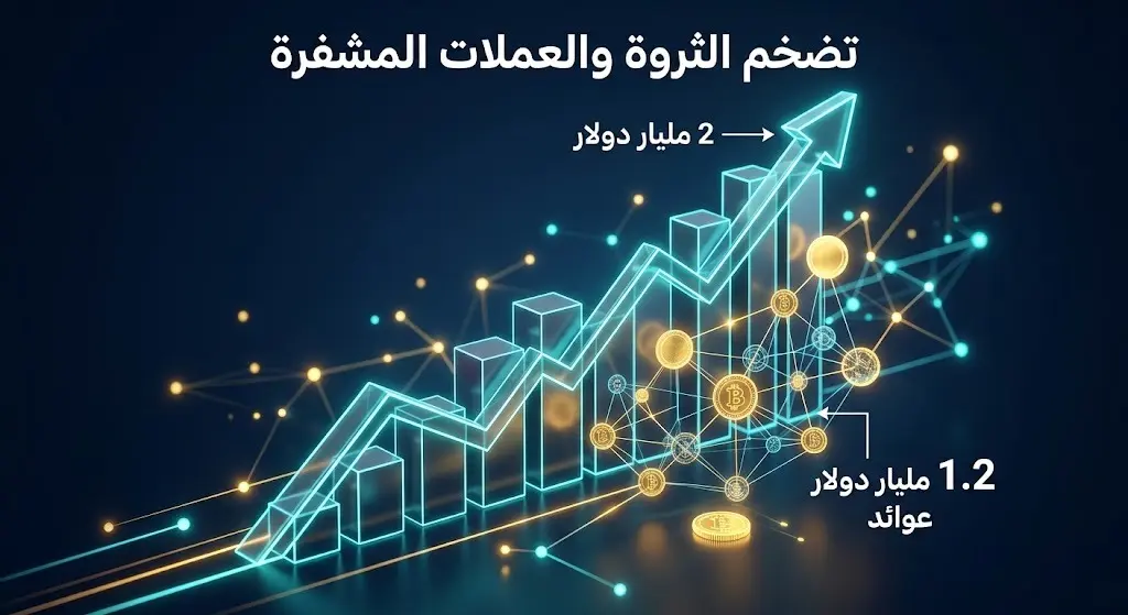 إنفوجرافيك احترافي يبرز تضخم الثروة بمقدار ملياري دولار وعوائد مشاريع العملات المشفرة.