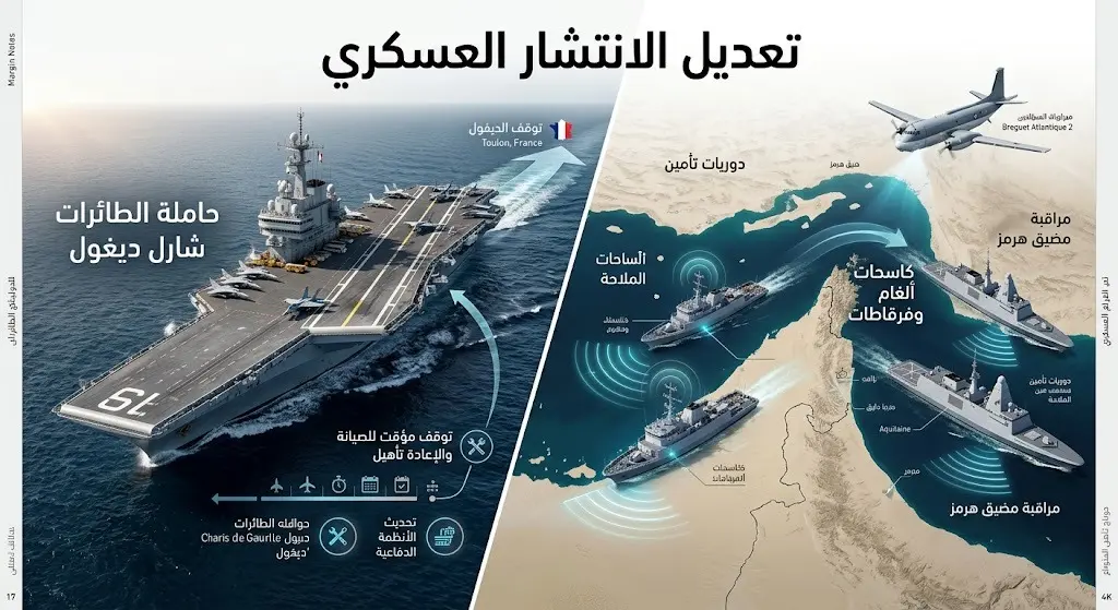 إنفوجرافيك يوضح تفاصيل التعديلات العسكرية الفرنسية، مبيناً عودة حاملة الطائرات شارل ديغول وبقاء قوات مكافحة الألغام في مضيق هرمز.