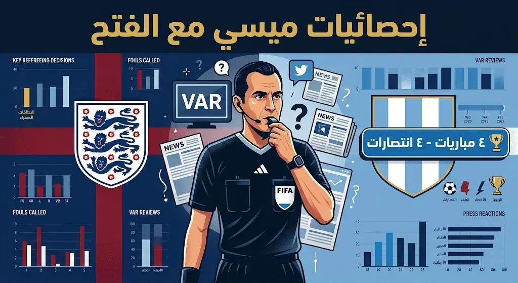 تصميم إنفوجرافيك يستعرض إحصائيات الحكم إسماعيل الفتح في مباريات ليونيل ميسي وسط تفاعل الصحافة الإنجليزية.