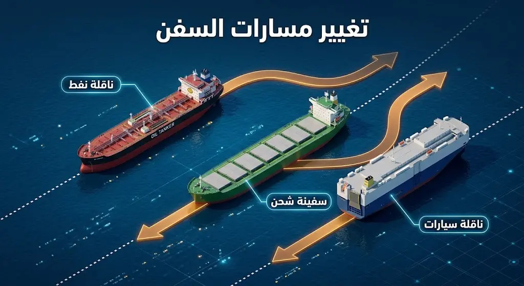 تصميم ثلاثي الأبعاد يستعرض فئات السفن المختلفة التي غيرت مسارها بشكل مفاجئ مع أسهم توضيحية لاتجاهات الحركة.