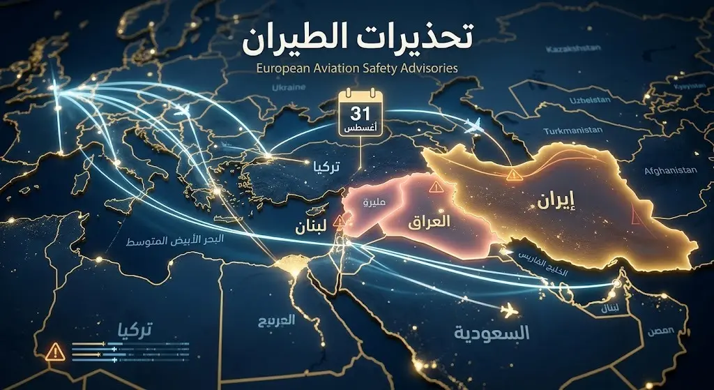 خريطة بصرية توضح المجالات الجوية المحذرة في الشرق الأوسط وتشمل إيران والعراق ولبنان مع إبراز تاريخ التمديد 31 أغسطس.