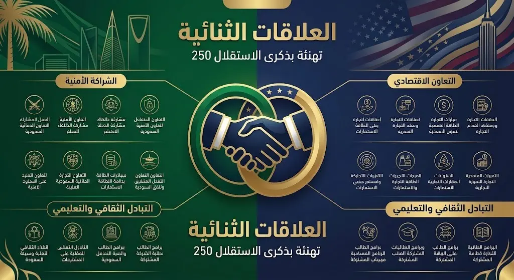 إنفوجرافيك دبلوماسي يبرز رسالة خادم الحرمين الشريفين لتهنئة الولايات المتحدة بذكرى الاستقلال الـ 250 وتأكيد عمق العلاقات الثنائية.