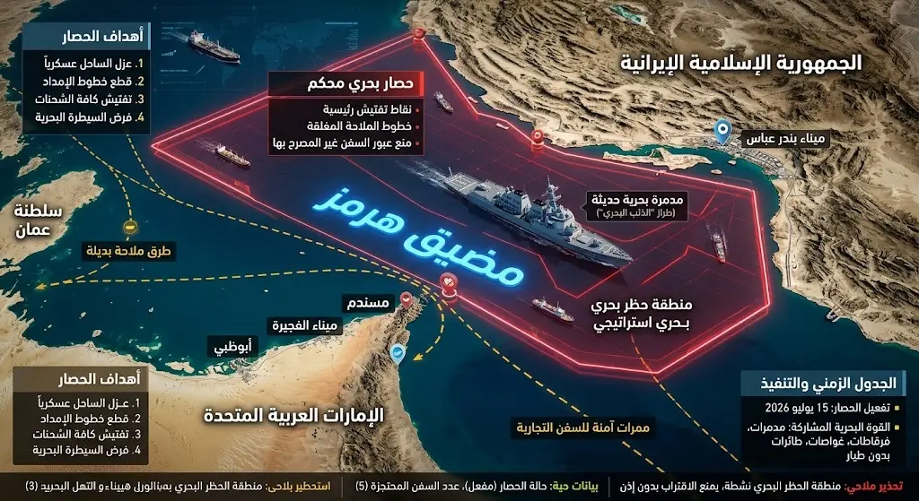 تصميم استراتيجي يوضح خريطة فرض الحصار البحري الأمريكي على الموانئ الإيرانية ومضيق هرمز.