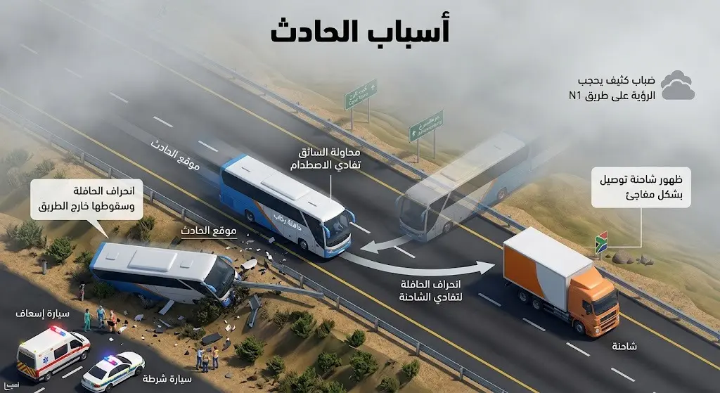 إنفوجرافيك يوضح تفاصيل انحراف حافلة ركاب عن مسارها لتجنب الاصطدام بشاحنة على طريق سريع وسط الضباب