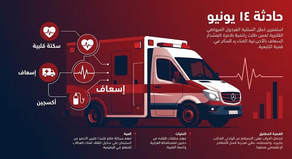 رسم توضيحي وإنفوجرافيك يستعرض تفاصيل الاستجابة الطبية الطارئة لحادثة 14 يونيو ونقله فاقداً للوعي.