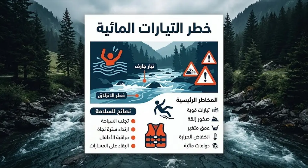 تصميم معلوماتي يوضح خطورة التيارات المائية في الأنهار السياحية الجبلية مع نصوص عربية تحذيرية.