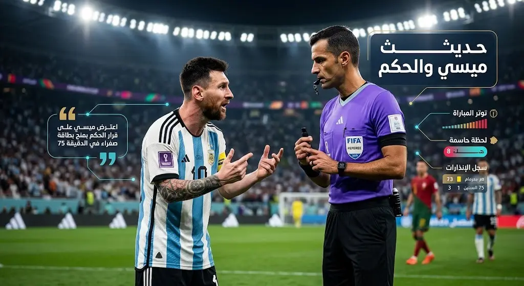 تصميم تعبيري يجسد النقاش الحاد بين ليونيل ميسي والحكم البرتغالي جواو بينهيرو خلال الشوط الأول.