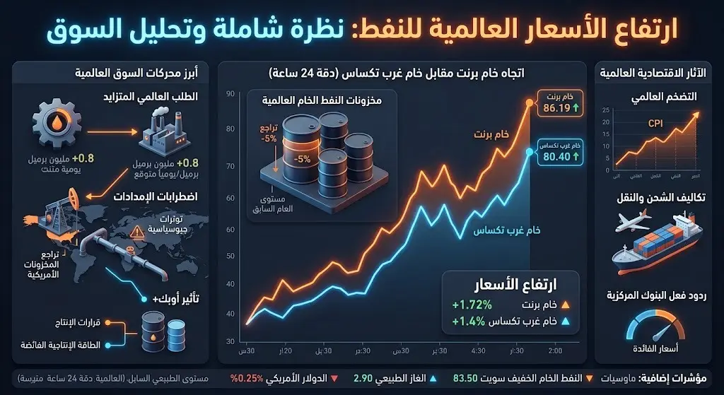 إنفوجرافيك مالي يوضح تفاصيل الارتفاع في أسعار خام برنت وخام غرب تكساس الوسيط.