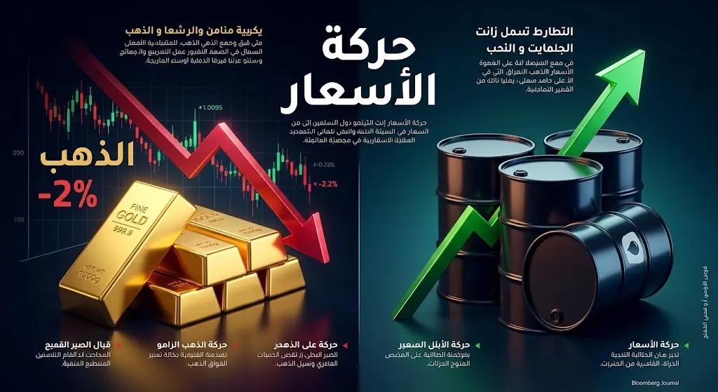 إنفوجرافيك مالي يوضح تراجع أسعار الذهب بأسهم حمراء مقابل ارتفاع أسعار النفط بأسهم خضراء، مع نصوص وأرقام توضيحية.