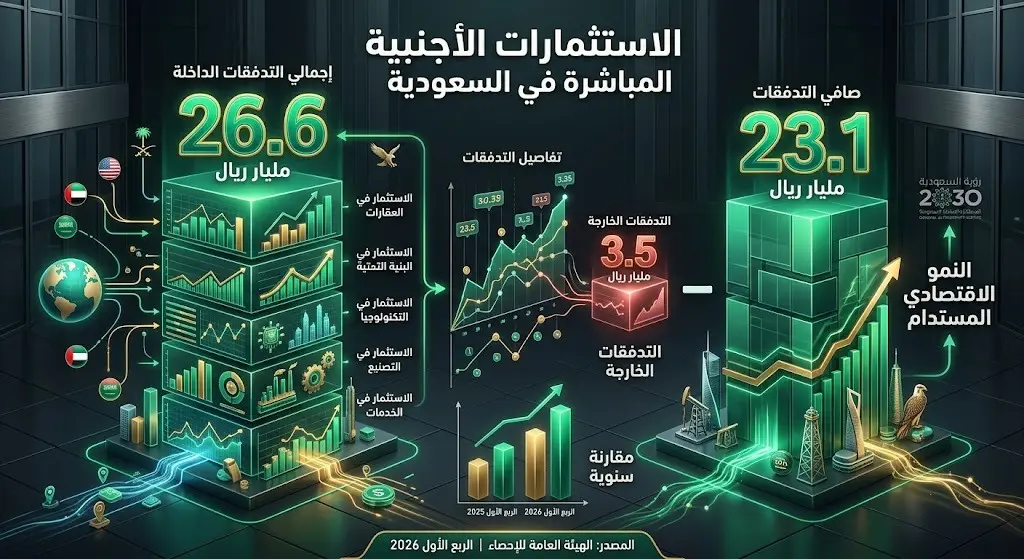 إنفوجرافيك مالي ثلاثي الأبعاد يوضح تفاصيل التدفقات الداخلة وصافي الاستثمارات الأجنبية المباشرة للسعودية في الربع الأول من 2026 باللونين الأخضر والذهبي.