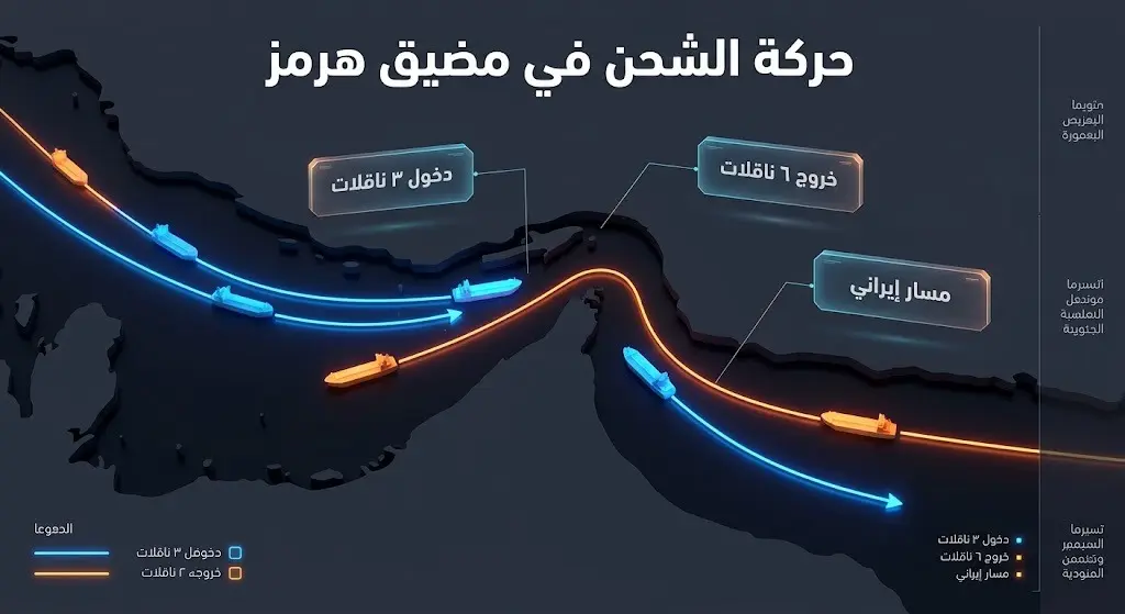إنفوجرافيك بياني يوضح بالأرقام حركة الشحن ودخول وخروج ناقلات النفط والغاز عبر مضيق هرمز.