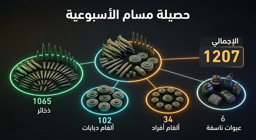 إنفوجرافيك ثلاثي الأبعاد يوضح تفاصيل حصيلة الألغام والذخائر المنزوعة خلال الأسبوع الأول من يوليو 2026 ضمن مشروع مسام، بإجمالي 1207 متفجرات.