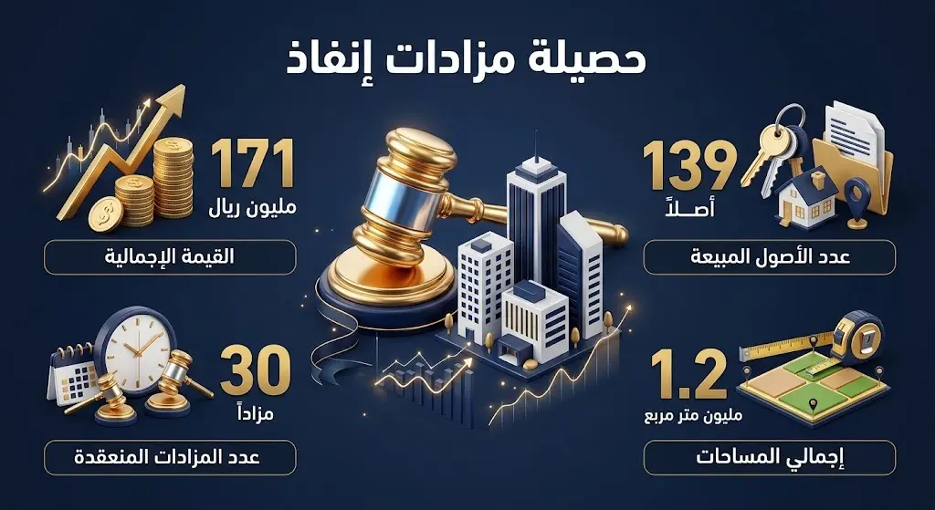 إنفوجرافيك يستعرض تفاصيل حصيلة مزادات مركز إنفاذ، موضحاً أرقام المبيعات، عدد الأصول العقارية، والمساحات الإجمالية.