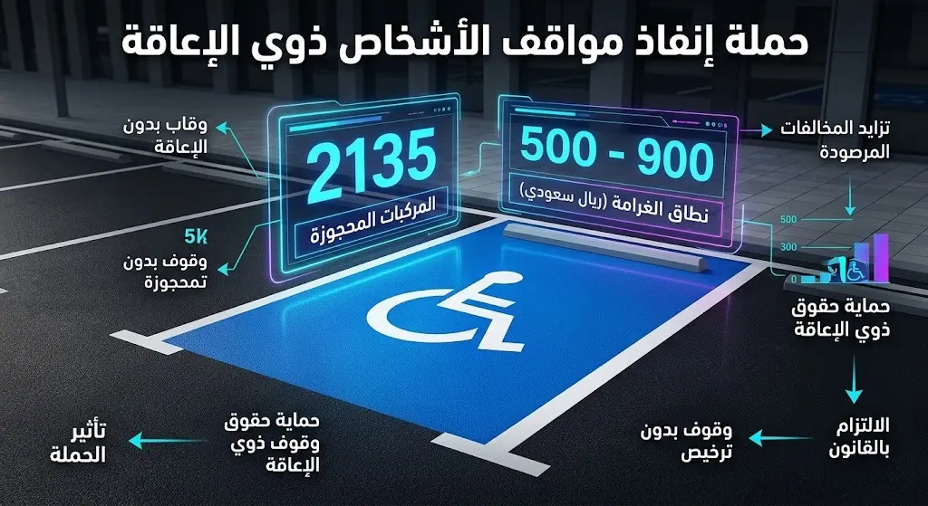 إنفوجرافيك يوضح أرقام وتفاصيل حملة المرور لضبط المركبات المخالفة في مواقف ذوي الإعاقة، متضمناً رقم 2135 مركبة