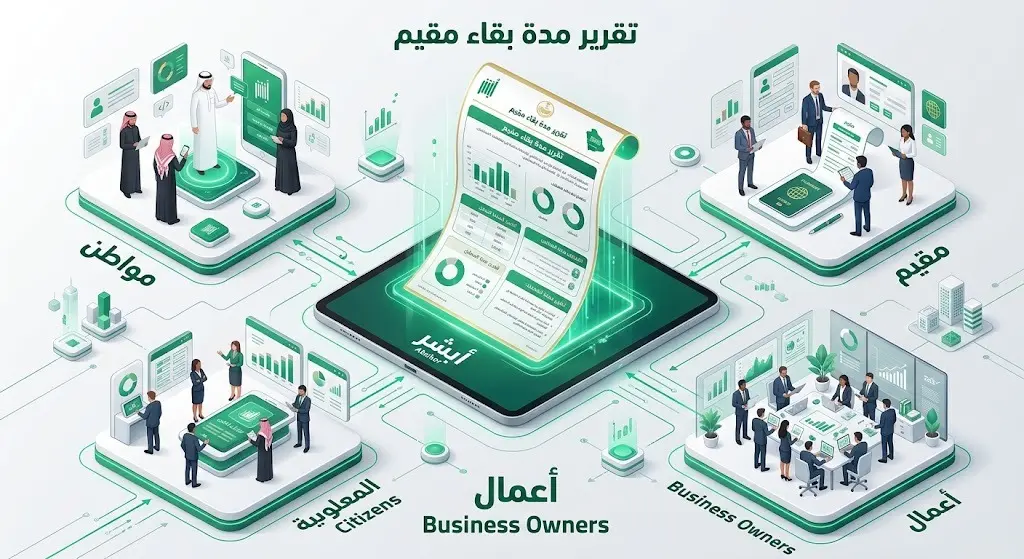 تصميم إنفوجرافيك يوضح الفئات المستفيدة من خدمة تقرير مدة بقاء مقيم عبر منصتي أبشر أفراد وأبشر أعمال