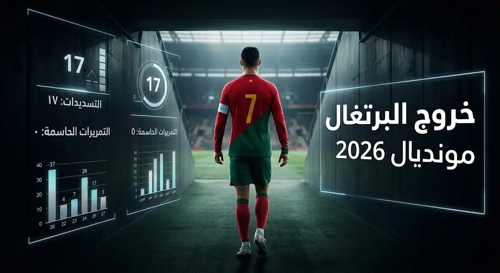 تصميم تعبيري يدمج بين الإحصائيات وصورة درامية لكريستيانو رونالدو بقميص البرتغال، يجسد لحظة خروج المنتخب من كأس العالم 2026.