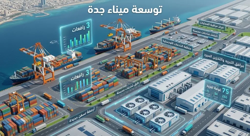 إنفوجرافيك يوضح تفاصيل خطة التوسعة في ميناء جدة الإسلامي وأعداد المعدات الجديدة والمساحات المضافة.