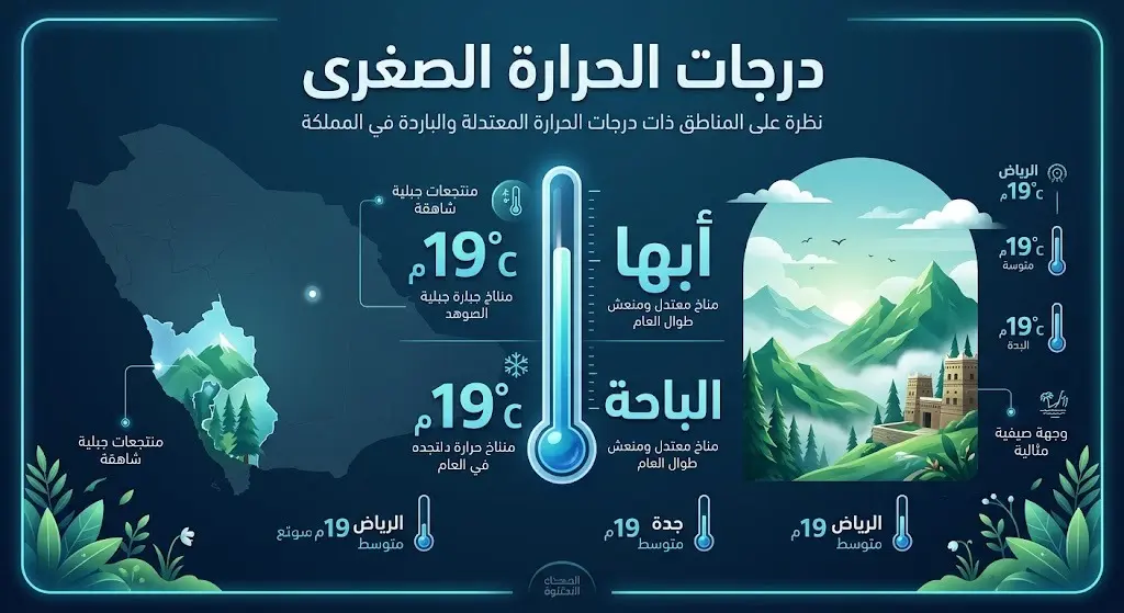 تصميم معلوماتي بألوان باردة ومنعشة يستعرض أدنى درجات الحرارة في المملكة، مسلطاً الضوء على مدينتي أبها والباحة بدرجة 19 مئوية.