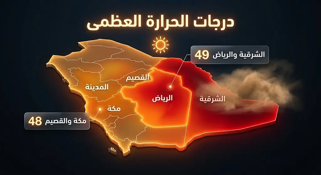 إنفوجرافيك خريطة حرارية للمملكة العربية السعودية يوضح درجات الحرارة العظمى المتوقعة في المناطق المتأثرة، مع إبراز وصول الحرارة إلى 49 مئوية في الشرقية والرياض.
