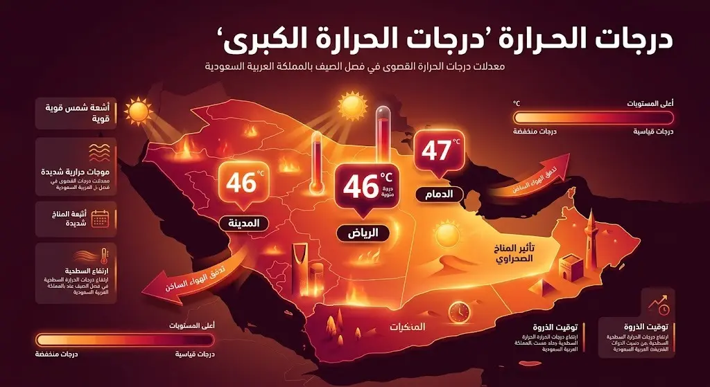 إنفوجرافيك احترافي بألوان دافئة يعرض أعلى درجات الحرارة المسجلة في مدن السعودية، مبرزاً الرياض والدمام والمدينة المنورة عند 46 درجة مئوية.