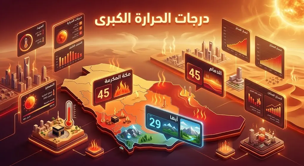 إنفوجرافيك يوضح درجات الحرارة الكبرى المتوقعة في مدن السعودية، تبرز فيه مكة المكرمة والدمام بـ 45 درجة مئوية بألوان دافئة تعبر عن الحرارة.