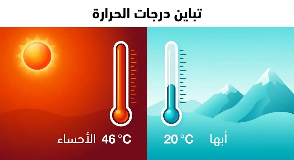 إنفوجرافيك بياني يوضح التباين الشديد في درجات الحرارة بين مدن المملكة، مسلطاً الضوء على الأحساء بـ 46 مئوية كأعلى حرارة، وأبها بـ 20 مئوية كأقل حرارة.