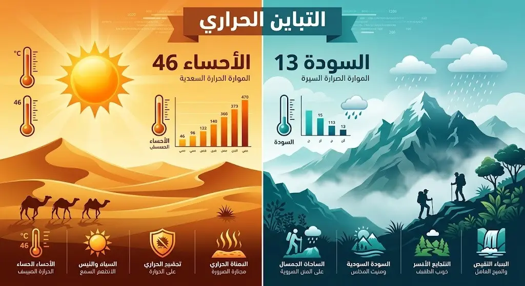 إنفوجرافيك مقارنة يوضح التباين الكبير في درجات الحرارة بين مدن المملكة، مركزاً على الأحساء الأعلى حرارة والسودة الأبرد.