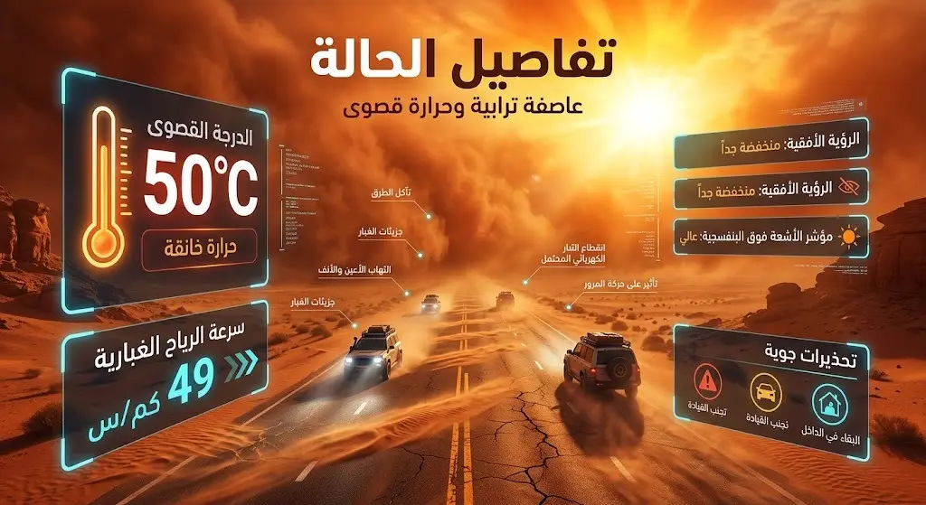 تصميم إنفوجرافيك يوضح تفاصيل الموجة الحارة بدرجات حرارة تصل لـ 50 درجة مئوية وسرعة رياح 49 كم/ساعة مع غبار كثيف على الطرق السريعة.