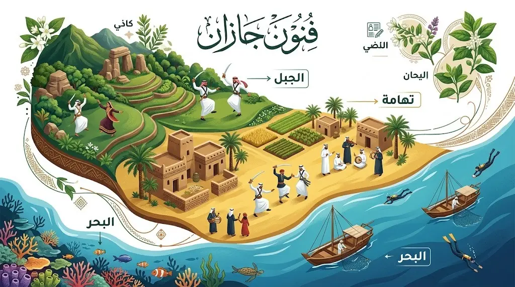 تصميم بصري وإبداعي يدمج بين بيئات جازان الثلاث: الجبل وتهامة والبحر، تتخلله نصوص عربية واضحة ومترابطة توضح تنوع الفنون الأدائية مثل العرضة وفنون البحر.