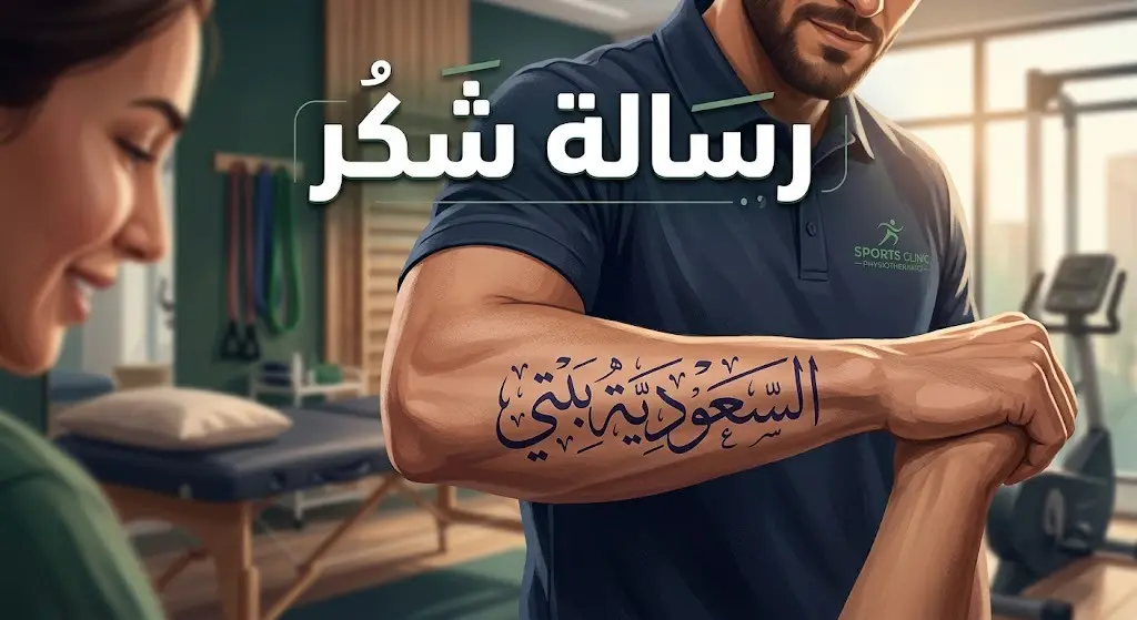 صورة فنية مقربة لساعد أخصائي العلاج الطبيعي يظهر عليها وشم باللغة العربية يعبر عن امتنانه للسعودية، مع تصميم يدمج نصوصاً عربية واضحة وإضاءة سينمائية تبرز التفاصيل.