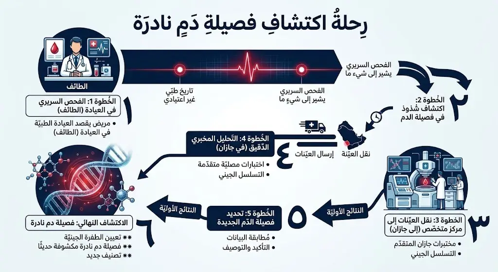 رسم معلوماتي (إنفوجرافيك) يوضح التسلسل الزمني والمكاني لرصد الفصيلة الدموية النادرة من الطائف إلى جازان وصولاً للتوصيف الجزيئي المتقدم.