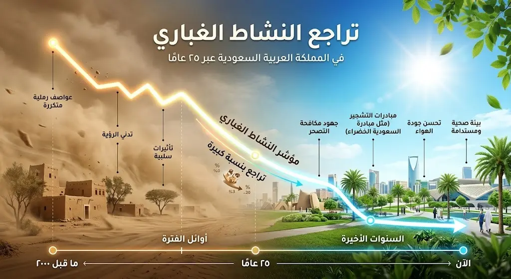 تصميم جرافيكي يوضح انخفاض مستويات الغبار في السعودية لأدنى مستوى منذ 25 عاماً مع انتقال لوني من الأجواء المغبرة إلى الصافية.