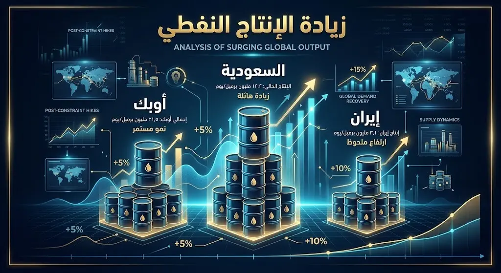 إنفوجرافيك يوضح تفاصيل زيادة إنتاج منظمة أوبك من النفط بمقدار 2.34 مليون برميل يوميا، مع إبراز حصص السعودية وإيران من هذه الزيادة.