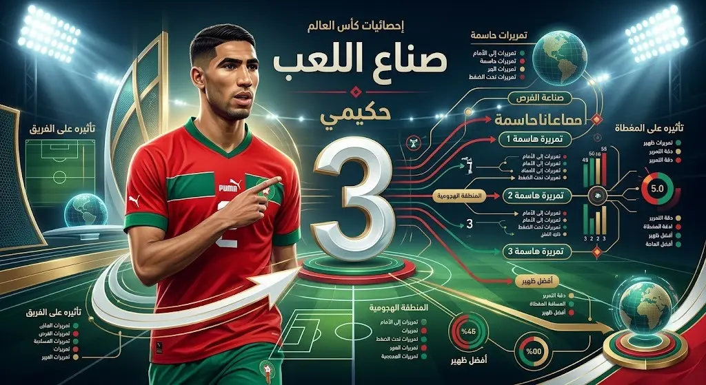 إنفوجرافيك رياضي يبرز تصدر أشرف حكيمي لقائمة صناع اللعب في تاريخ مشاركات المغرب بكأس العالم برصيد 3 تمريرات حاسمة.